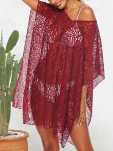 Women's burgundy lace beach cover-up featuring floral crochet and batwing sleeves