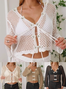Cache-Maillot de Plage Femme Crochet Ajouré Cardigan Papillon 3D Lacet Protection Solaire Manches Longues Boho