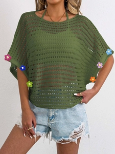 Detail view of military green crochet hollow blouse with 3D colorful knit flowers