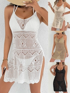 Robe Cache-Maillot de Plage au Crochet pour Femmes Sexy Col en V Dos Nu Fente Latérale Tricot Bikini Mini Robes