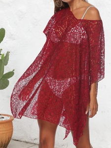 Red lace beach cover-up with open shoulder design and floral hollow patterns