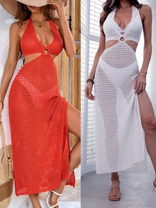 Sexy Women Halter Crochet Hollow Out Beach Dress O-Ring High Slit Backless Summer Vacation Knit Maxi Cover Up Dress