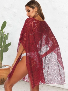 Burgundy lace beach cover-up with floral patterns for women's summer vacation