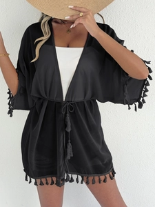 Women's black chiffon beach cover-up with tassel trim and adjustable drawstring waistline