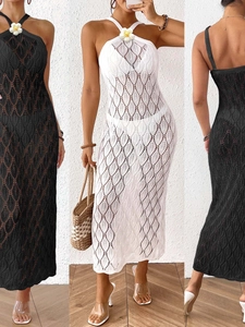 Women Crochet Halter Beach Dress Hollow Out Leaf Pattern Backless Bikini Cover Up Flower Detail Bohemian Maxi Dress