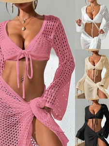 Cache-Maillot de Plage Sexy au Crochet pour Femme Ajouré avec Laçage à l'Avant Manches Évasées Crop Top et Jupe Portefeuille