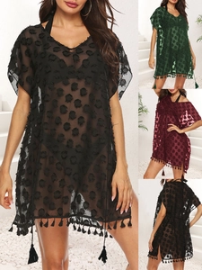 Damen Sexy Transparent Pünktchen Pompon Chiffon Strandkleid V Ausschnitt Quaste Locker Fledermausärmel Bikini Badebekleidung