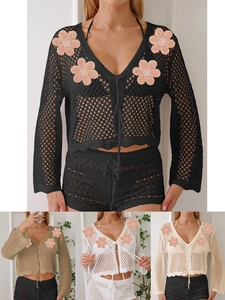 Outfit Copricostume da Spiaggia in Maglia a Uncinetto da Donna Top a Maniche Lunghe con Lacci e Pantaloncini Ricamo Floreale