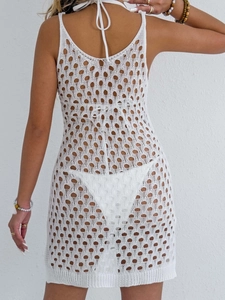 White crochet hollow-out backless beach cover-up dress for women with spaghetti straps