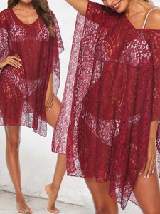 Women Sexy Sheer Lace Beach Cover-up V-Neck Floral Crochet Batwing Sleeve Wine Red Bikini Dress Summer Vacation