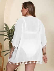 White chiffon bikini cover-up with tassel trim details for summer beachwear