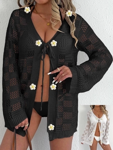 Cache-Maillot de Plage au Crochet Ajouré pour Femme Cardigan Manches Longues Applique Florale Protection Solaire Bikini Attache