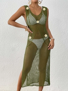 Olive green crochet cover-up maxi dress with white daisy appliques and deep V-neck