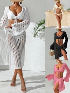 Women Crochet Hollow Out Beach Cover Up Long Sleeve V Neck Crop Top And Wrap Skirt Boho Knit Outfits For Summer Vacation