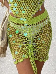 Detailed knit of sequin crochet skirt with adjustable drawstring for beach style