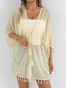 Beige chiffon beach cover-up with tassel trim and tie-waist detail for women
