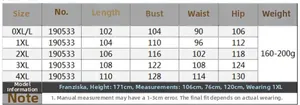 Detailed size chart for plus size tie dye dress ranging from 0XL to 4XL measurements