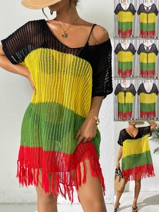 Cache-Maillot de Plage Sexy au Crochet Ajouré Blocs de Couleurs Rayé avec Glands Col en V Dos Nu Robe Bikini Coverup