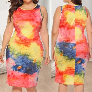 Detailed front and back view of a plus-size bodycon dress with colorful tie-dye pattern