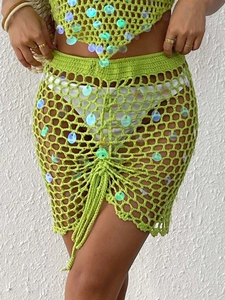Neon green crochet two-piece set with sequins featuring drawstring skirt for beachwear