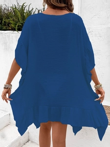 Royal blue beach cover-up dress with batwing sleeves and ruffle hem in a relaxed fit