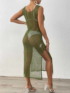 Sexy army green crochet knit beach cover up maxi dress with side slit for women