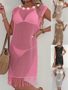 Robe Cache-Maillot de Plage en Maille au Crochet Femme Fleur de Marguerite Gland Sans Manches Bikini Coverups Vacances Été