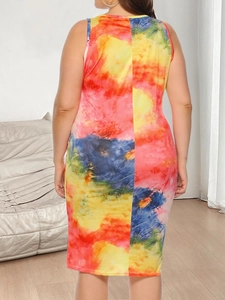 Plus size vibrant tie-dye sleeveless bodycon dress with colorful watercolor print back view