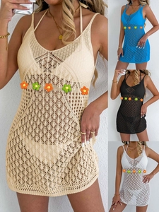 Women Sexy Crochet Hollow Out Halter Beach Dress Knit Bikini Cover Up With Floral Decor Sleeveless Backless Mini Dress
