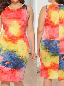 Women Plus Size Tie-Dye Bodycon Dress Sleeveless Round Neck Sexy Slim Fit Knee Length Tank Midi Dress Colorful Summer Top