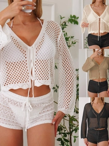 Copricostume Cardigan da Donna all'Uncinetto Traforato Manica Lunga con Lacci Scollo a V Casual Spiaggia Protezione Solare Top in Poliestere per Vacanza