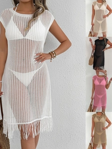 Damen Häkeln Hohl Strand Abdeckung Kleid Sexy Ärmellos Quaste Saum Badebekleidung Bikini Coverup Urlaub Strickkleid