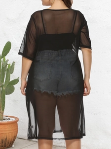 T-shirt long en maille noire transparente avec imprimé lèvres et fente latérale