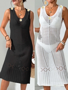 Damen Häkeln Ausschnitt Strandkleid Ärmellos V-Ausschnitt Gänseblümchen Applikation Bohemian Midi Strickkleid Bikini Cover Up