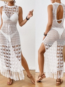 Sortie de Plage Casual au Crochet Ajouré Floral Cordon Glands Sans Manches Fente Latérale Robe Maxi Tenue de Vacances