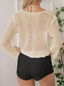 Women's crochet hollow out long sleeve cover up beach top with floral embroidery