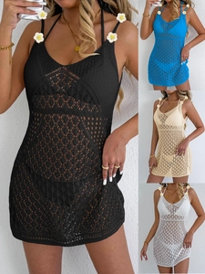 Copricostume da Spiaggia all'Uncinetto da Donna Abito Mini in Maglia con Scollo a V e Fiori Decorativi per Vacanze Estive