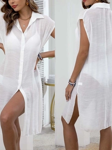 Cache-Maillot de Plage Sans Manches Transparent Femme Robe Chemise Longue Simple Boutonnage Fente Latérale Été Blanc