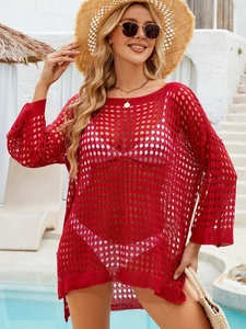 Red long sleeve hollow out waffle knit crochet beach cover up over white bikini set