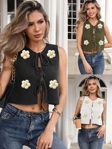 Women Knitted Vest With Crochet 3D Daisy Flower Tie Front Crop Top Sleeveless Ribbed Cardigan Boho Casual Knitwear Top