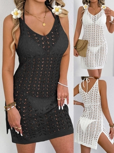 Robe de Plage Sexy au Crochet pour Femmes Col en V Dos Nu sans Manches Tricot Bikini Coverup Vacances d'Été Mini Robe
