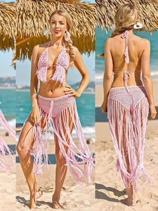 Bohemian Crochet Bikini Top And Bottom For Women Halter Tassel Swimwear Hollow Out Fringe Beachwear Pink Vacation Suit