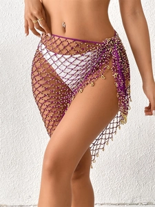 Handgehäkelter violetter Netzstrand-Sarong mit Goldperlenfransen für Bikini-Überwürfe