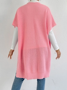 Elegant long bright pink knit vest cardigan for women shown from the back view