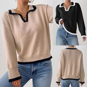 Detailed view of the contrast trim polo collar and fine knit texture of this women sweater