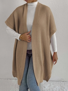 Women's khaki long knit vest cardigan with waffle texture and minimalist open front design