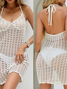 Robe Mini pour Femmes Halter Crochet Dos Nu avec Künstliche Perles Ajouré Sexy Cache-Maillot de Plage Sans Manches