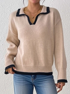 Women's casual polo collar knit sweater with contrast ribbing in beige and black