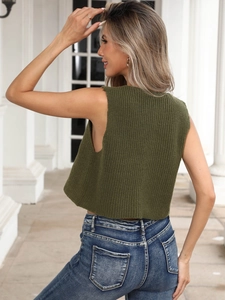 Detailed knit texture of an army green sleeveless cropped vest with high collar design