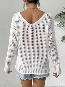 Weißer Häkel-Strickpullover mit tiefem V-Rückenausschnitt und lockerer Passform für Damen